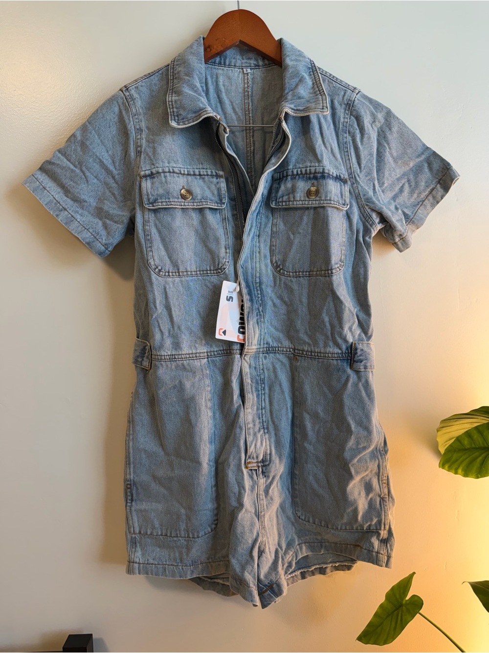 Light Blue Denim Romper jumpsuit playsuit Casual Short Sleeve zip up